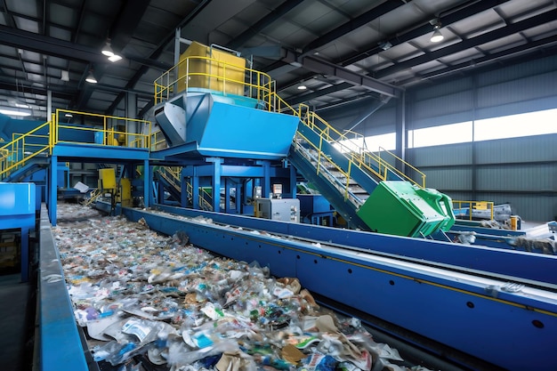 A conveyor belt full of garbage in a factory Plant for the processing and sorting of garbage and household waste Waste disposal and recycling Ecology Secondary use of resources