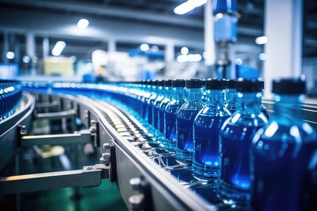 Conveyor belt gebottelde water drank fabriek binnen industriële productielijn