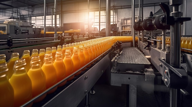 Conveyor belt juice in bottles beverage factory interior in blue color industrial production line Generative Ai