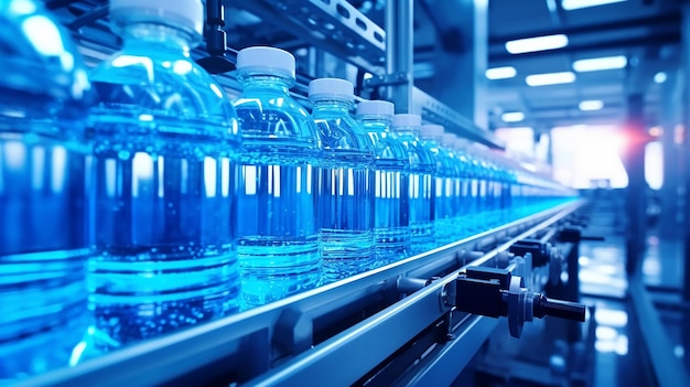 Conveyor belt juice in bottles on beverage plant or factory interior in blue color