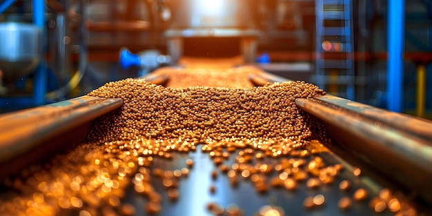 Conveyor belt moves biobased pellets through drying stage for ecofriendly adhesive production Concept Ecofriendly Adhesive Production Conveyor Belt Technology Drying Stage Process