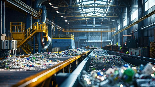 Photo conveyor belt overflowing with assorted trash at garbage processing plant