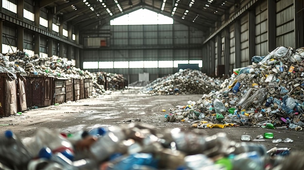 Conveyor Belt Overflowing With Bottles and Cans at Garbage Processing Plant