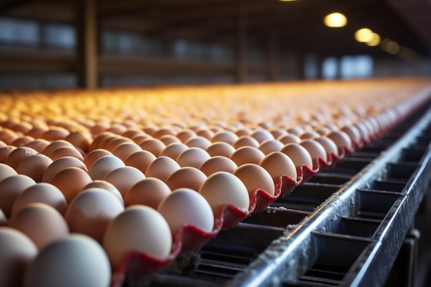 Conveyor belt at a poultry farm transporting chicken eggs with precision