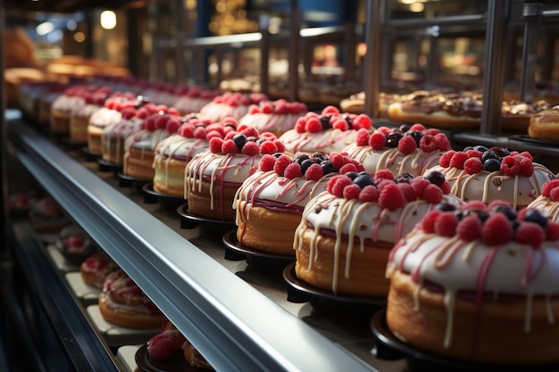 Conveyor belt smoothly transports delectable cakes in the bakery