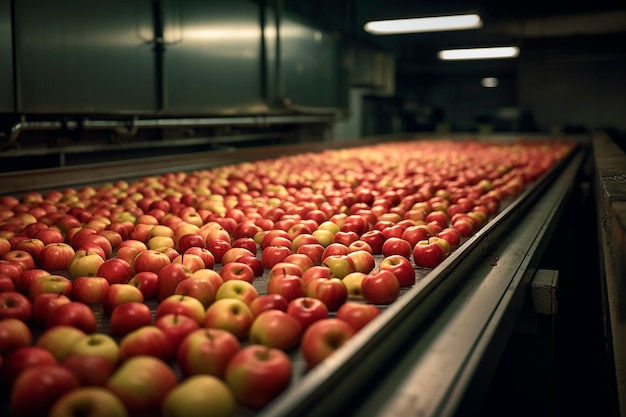 A conveyor belt with apples on it