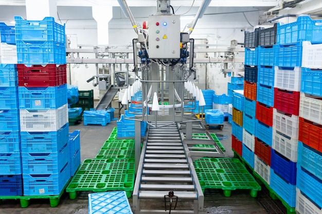 A conveyor belt with blue crates in a food factory.