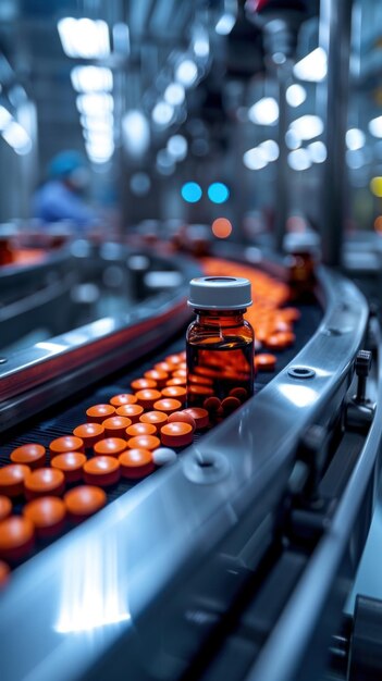 Photo conveyor belt with bottle of pills