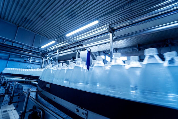 Conveyor belt with bottles of drinking water at a modern beverage plant