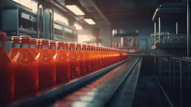 Conveyor belt with bottles juice Generative Ai