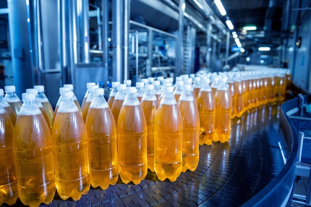 Conveyor belt with bottles for juice or water at a modern beverage plant