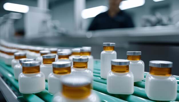 A conveyor belt with bottles of medication