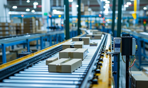a conveyor belt with boxes on it and a phone on the right side