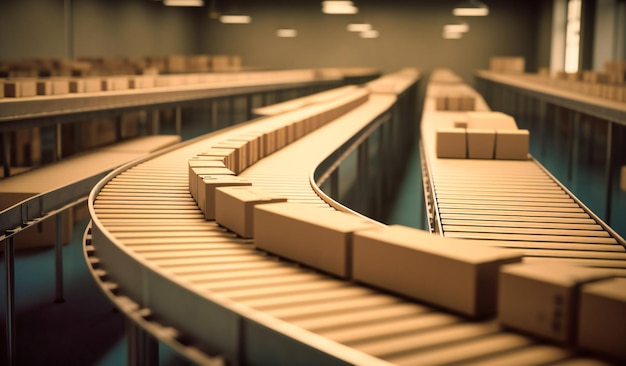 A conveyor belt with boxes running through a warehouse