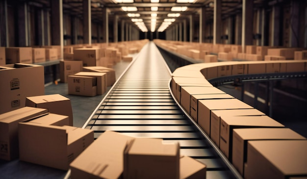 A conveyor belt with boxes running through a warehouse