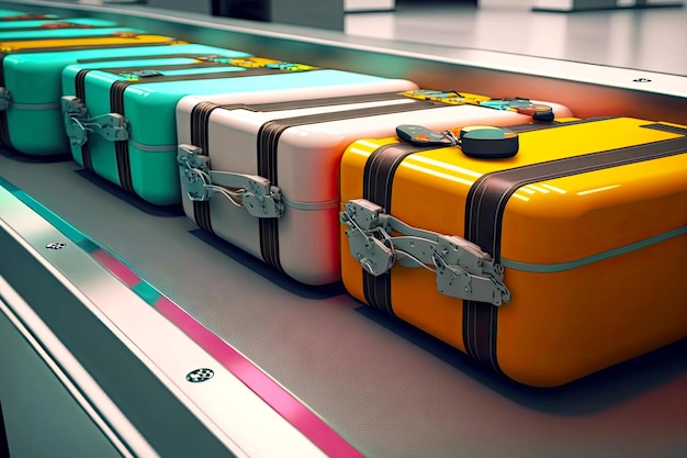 Conveyor belt with bright suitcases for traveling in airport baggage claim area