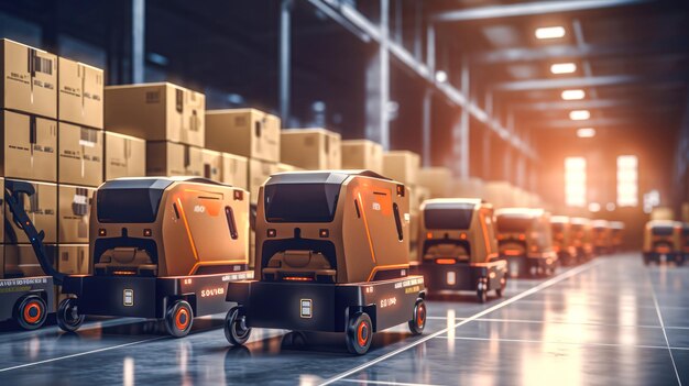 Photo conveyor belt with cardboard boxes in warehouse