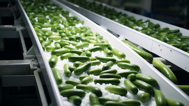 A conveyor belt with cucumbers