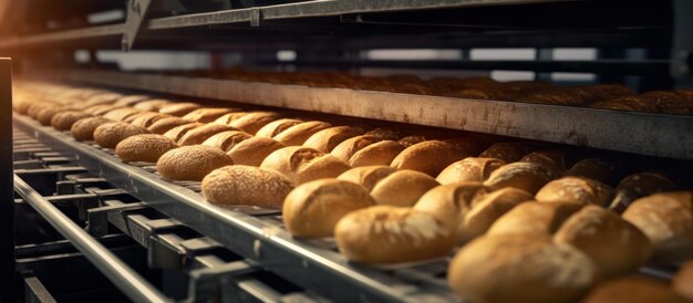 Conveyor belt with freshly baked bread production in bakery factory