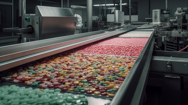 A conveyor belt with m & m's on it