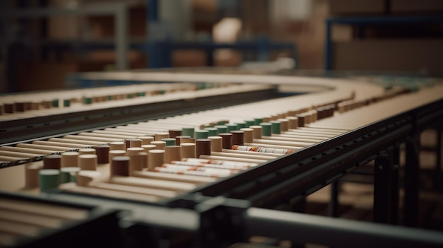 A conveyor belt with a number of different colored boxes on it.