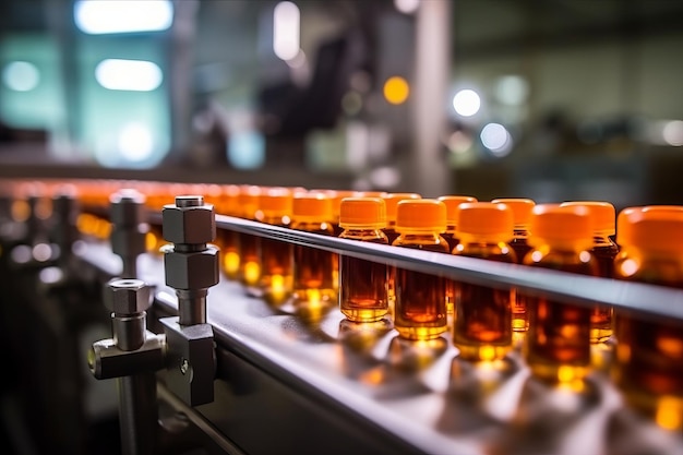 A conveyor belt with orange bottles on it