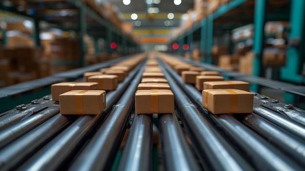 Conveyor Belt with Packaged Goods and Warehouse Inventory Generative AI