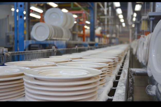 Conveyor belt with stacked ceramic plates in pottery factory Automated manufacturing process