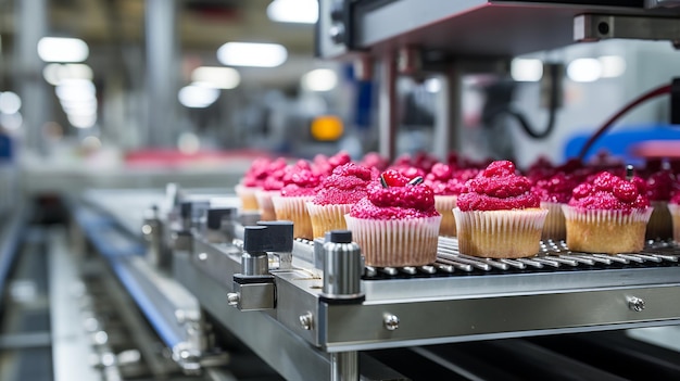 Conveyor Belt with a Variety of Cakes