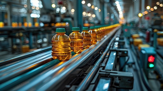 Conveyor belt with various products moving in a factory setting motion blur effect