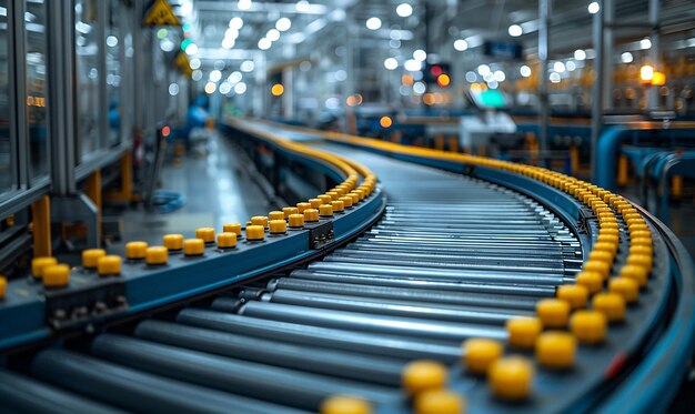 a conveyor belt with yellow balls on it and a yellow button on the right side