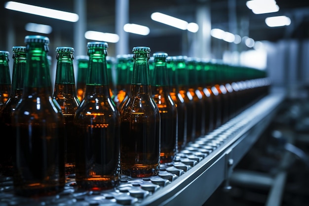 Conveyor belts shallow DOF spotlights beer bottles showcasing manufacturing intricacies with focus