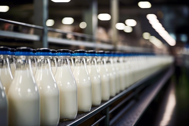 Photo conveyor line in an automated factory packaging dairy products