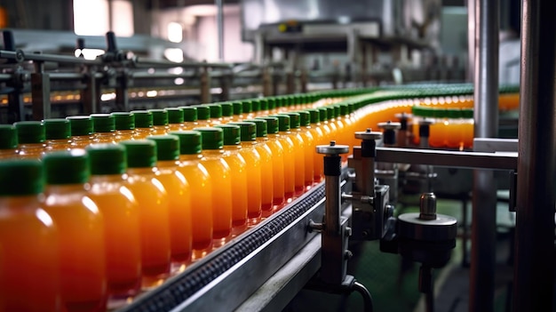 工場でジューススイートウォーターオレンジボトルを生産する際のコンベヤー天然物生成AI