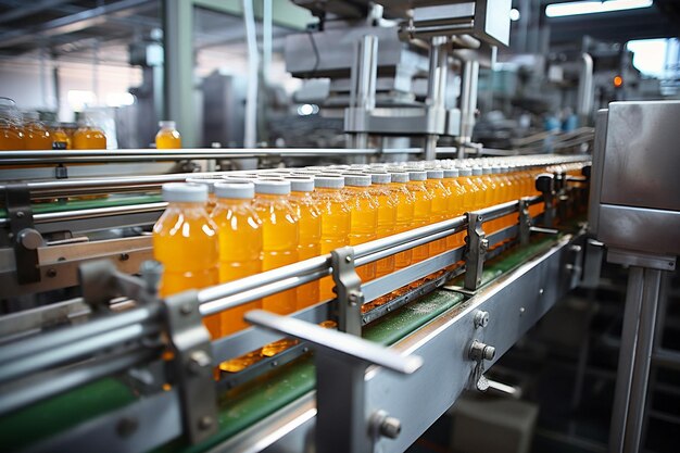 Conveyor system bottling juice in a factory