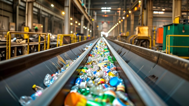 Conveyorband bij een recyclingfabriek met plastic afval