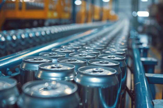 Conveyorlijn met duizenden aluminium drankblikken in de fabriek Concept van industriële groei