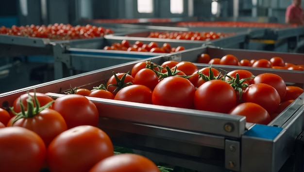 Conveyorlijn met verse tomaten lijn met frisse tomaten