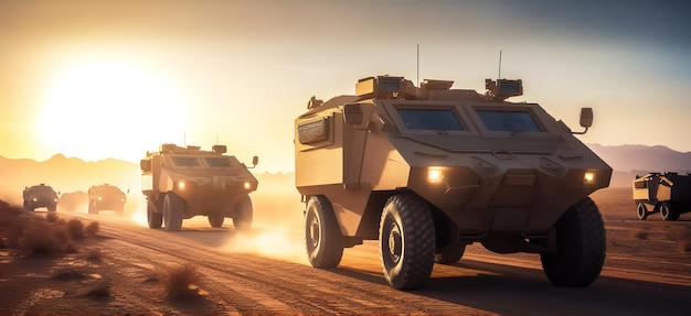 Convoy of military vehicle driving through a dusty desert with a stunning sunset generative ai