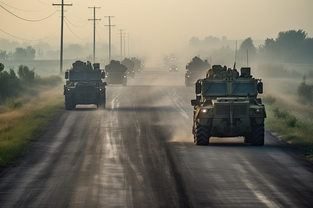 A convoy of military vehicles driving down a road