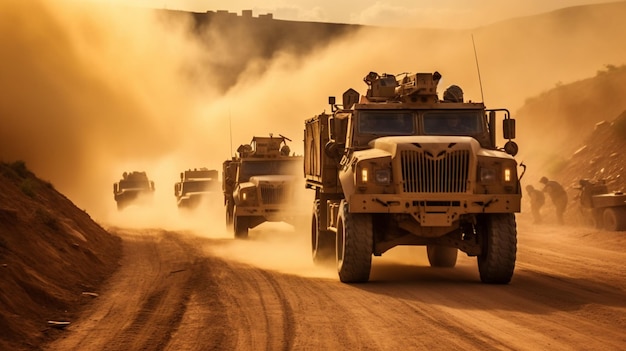 A convoy of military vehicles travels along an unpaved road kicking up clouds of dust