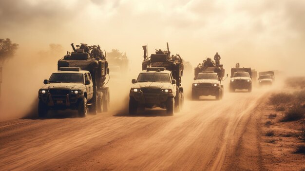 A convoy of military vehicles traverses a dusty road