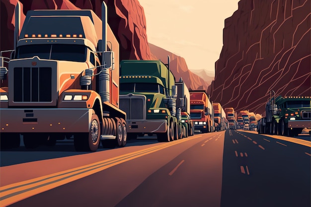 Convoy of trucks flat illustration