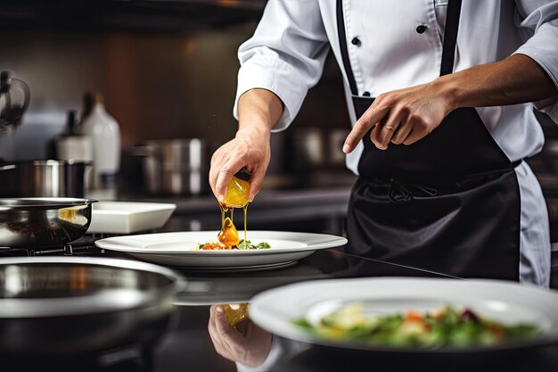 Cook in apron adding some sauce to dish Cropped chef preparing food meal in kitchen chef cooking