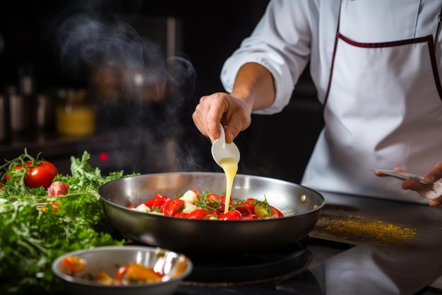 Photo cook in apron adding some sauce to dish