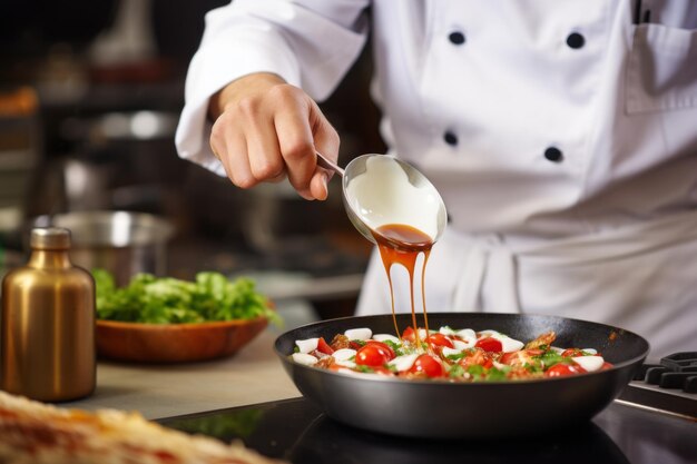 Cook in apron adding some sauce to dish