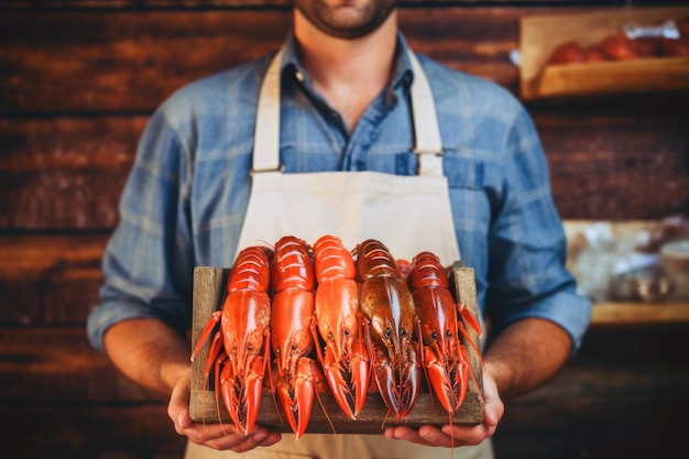 A cook in an apron holds boiled red river crayfish