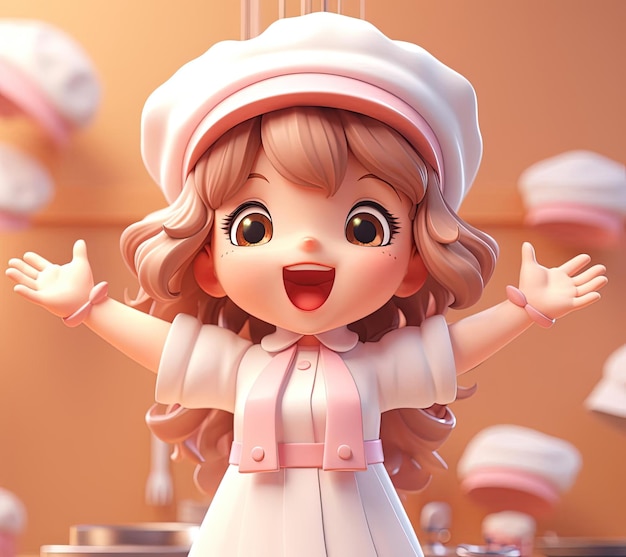 かわいいスタイルで両手を空中に上げた料理キャラクターの女の子