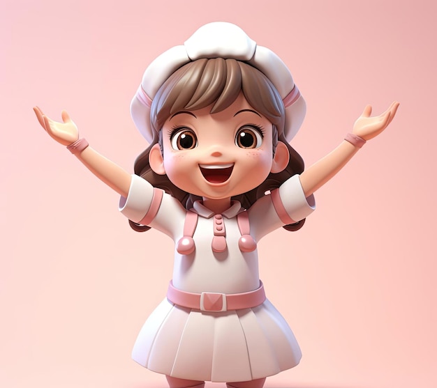 cook character girl with 2 hands in the air in the style of kawaii