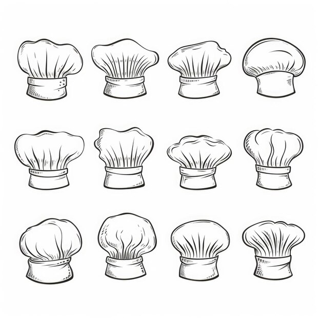 Cook chef hats Cooker cap set culinary head clothes for kitchen hand drawn illustration